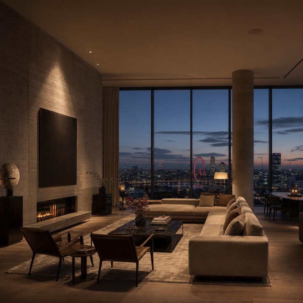 Luxury London penthouse living room with skyline view